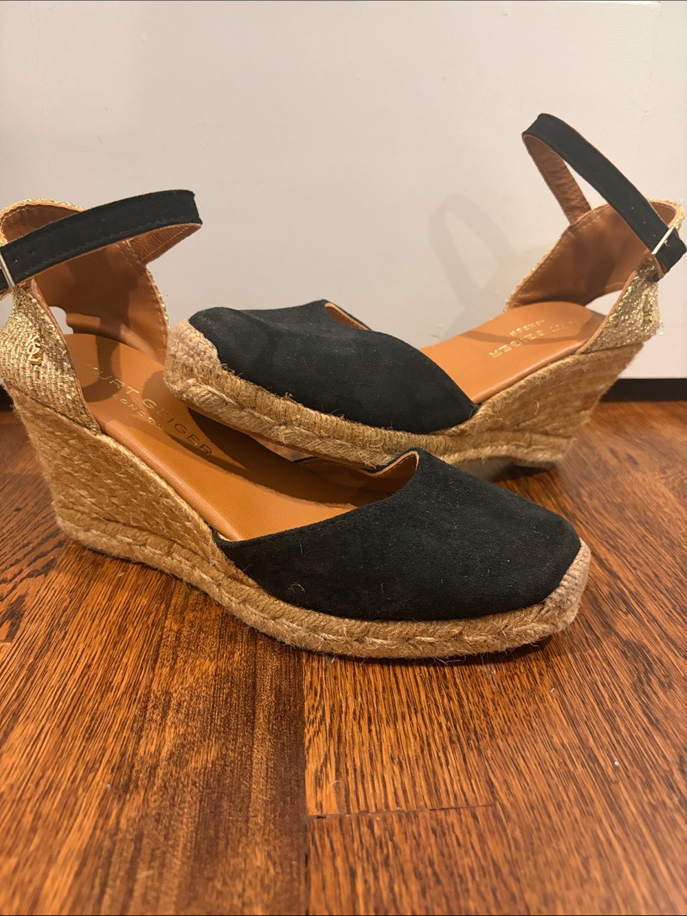 Kurt Geiger Black and Gold Espadrille Wedge Sandals